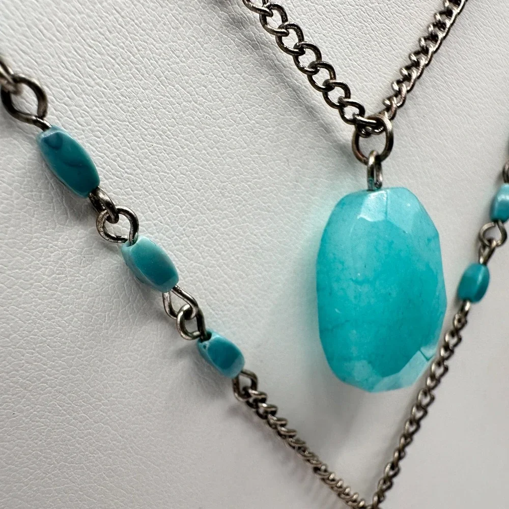 Vintage Y2K Multi Stand Necklace Silver Tone Faux Turquoise Jewelry